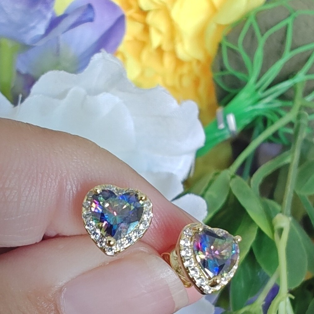 Heart Stud Earrings Mystic Topaz  Halo